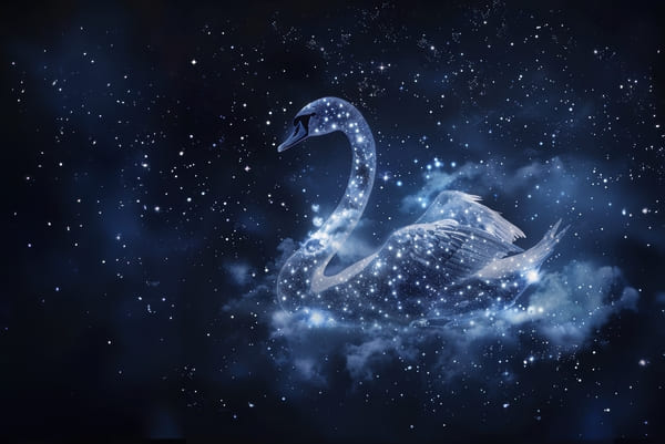 Ilustração de um cisne formado por constelações, flutuando sobre nuvens em um céu estrelado, em tons de azul escuro.