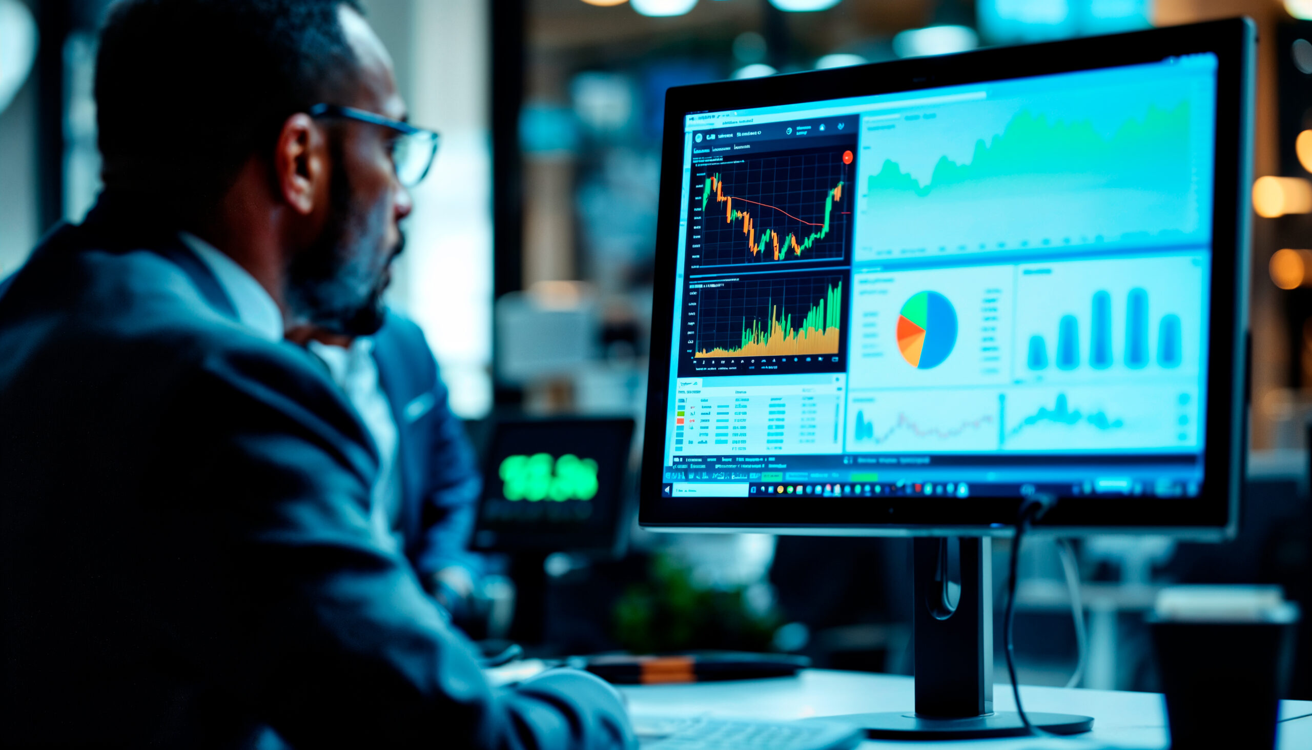 Homem de terno analisando gráficos e indicadores financeiros em uma tela de computador, com foco em desempenho de investimentos e mercado.