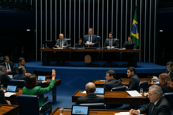 Sessão plenária no Senado Federal com parlamentares em discussão e mesa diretora ao fundo, com a bandeira do Brasil em destaque.