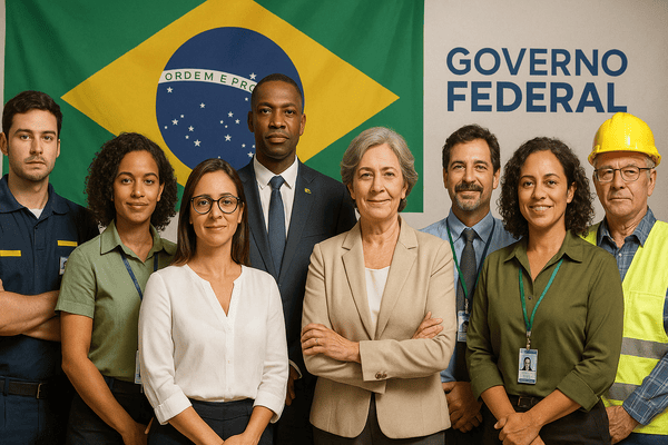 Grupo de servidores públicos de diferentes áreas posando diante da bandeira do Brasil, com a inscrição "Governo Federal" ao fundo.