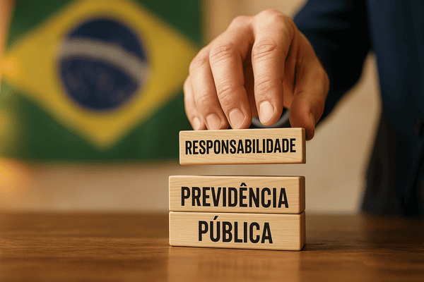 Mão posicionando bloco de madeira com a palavra “Responsabilidade” sobre outros com as palavras “Previdência Pública”, diante da bandeira do Brasil, simbolizando gestão responsável e transparente dos RPPS.