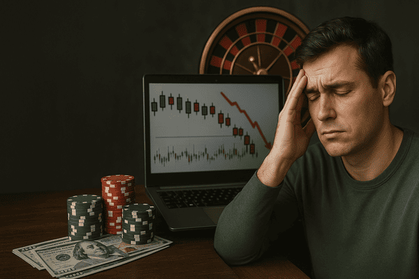 Homem com expressão de preocupação diante de um notebook que exibe gráficos em queda, ao lado de fichas de cassino e notas de dólar, representando o perigo das opções binárias e sua semelhança com apostas.