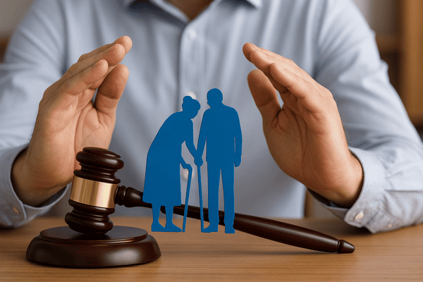 Mãos humanas em gesto de proteção envolvendo a silhueta de dois idosos ao lado de um martelo de juiz, simbolizando segurança e governança na previdência do servidor público.