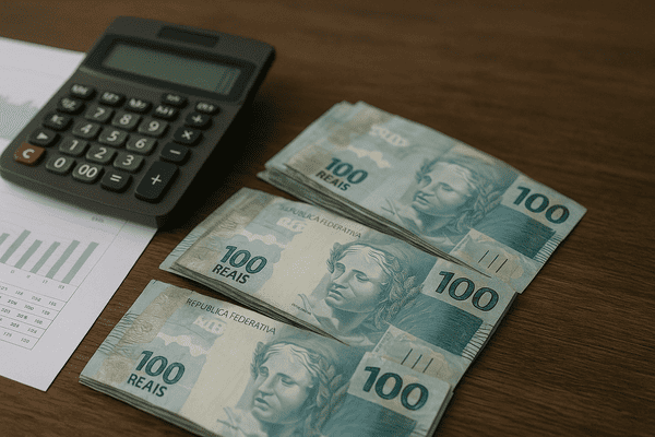 Cena realista mostrando notas de 100 reais, uma calculadora e documentos financeiros sobre uma mesa de madeira, simbolizando análise de risco de crédito e decisões de investimento.
