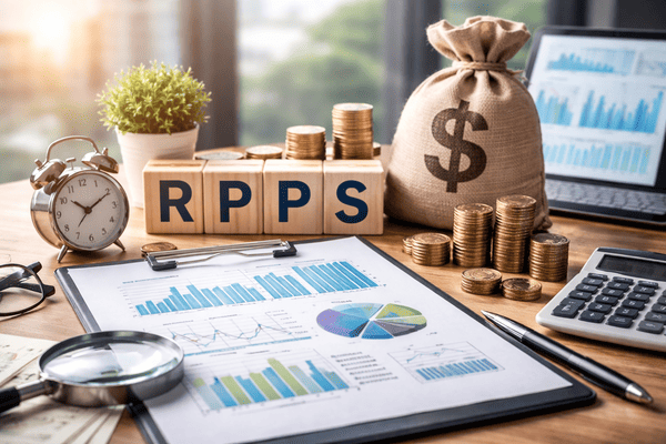 Mesa de trabalho com relatórios financeiros, gráficos, moedas e elementos que simbolizam a gestão e os investimentos dos RPPS com foco em governança e planejamento previdenciário.
