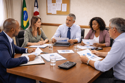 Membros do comitê de investimentos reunidos em sala de prefeitura, analisando documentos e gráficos financeiros sobre uma mesa.