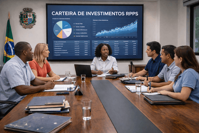 Reunião de comitê do RPPS com homens e mulheres de diferentes etnias discutindo a carteira de investimentos, em uma sala com tela expositiva, mesa de madeira e bandeira do Brasil ao fundo.