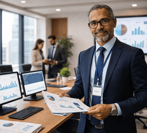 Dirigente de RPPS de nível avançado em ambiente corporativo analisando relatórios estratégicos, com equipe e estrutura administrativa ao fundo.