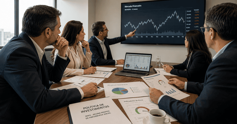 Reunião de comitê de investimentos analisando gráficos, relatórios de risco e Política de Investimentos de RPPS em ambiente corporativo.
