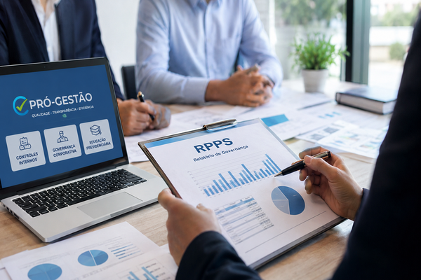 Profissionais analisam relatórios e indicadores de governança previdenciária durante reunião estratégica de um RPPS. Em destaque, documentos com gráficos, relatórios de governança e um computador exibindo os pilares do Pró-Gestão RPPS: controles internos, governança corporativa e educação previdenciária.