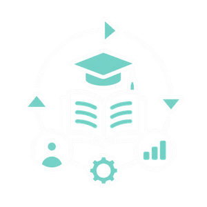 Ícone de educação continuada com livro, capelo, setas circulares, engrenagem e gráfico de crescimento.