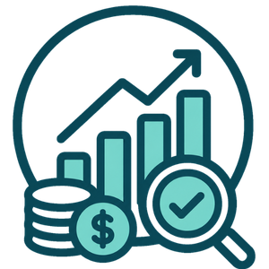 Ícone de gestão dos investimentos com gráfico de crescimento, moedas, lupa e marca de verificação.