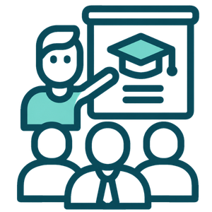 Ícone de treinamento in company com instrutor, participantes e quadro de apresentação.