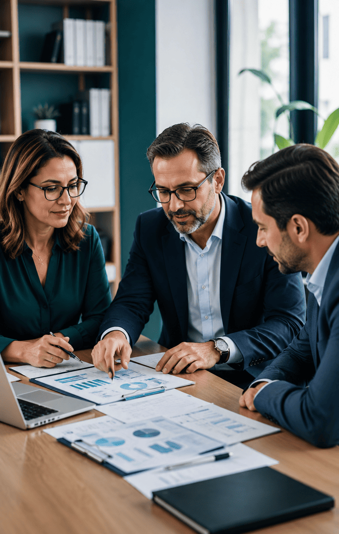 Profissionais em reunião analisando relatórios e indicadores, representando consultoria, capacitação e governança para RPPS.