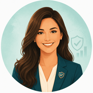 Avatar profissional feminino com escudo e gráfico, representando decisão segura, análise técnica e governança para RPPS.