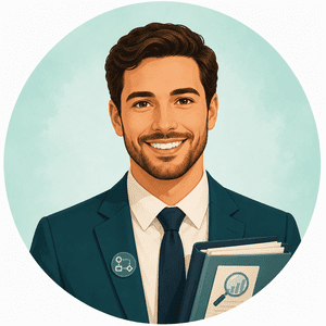 Avatar profissional masculino com pasta e ícone de análise, representando evidências, processos e apoio técnico para RPPS.