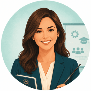 Avatar profissional feminino com livro e ponteiro, representando formação técnica, capacitação e orientação especializada para RPPS.