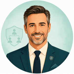 Avatar profissional masculino com símbolo de governança, representando liderança, organização institucional e estruturação dos RPPS.