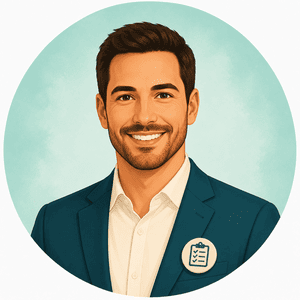 Avatar profissional masculino com ícone de checklist, representando método, organização e estruturação de processos para RPPS.
