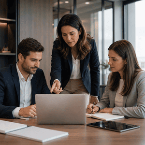 Profissionais em ambiente corporativo acompanhando orientação técnica e aprendizado com apoio de notebook.