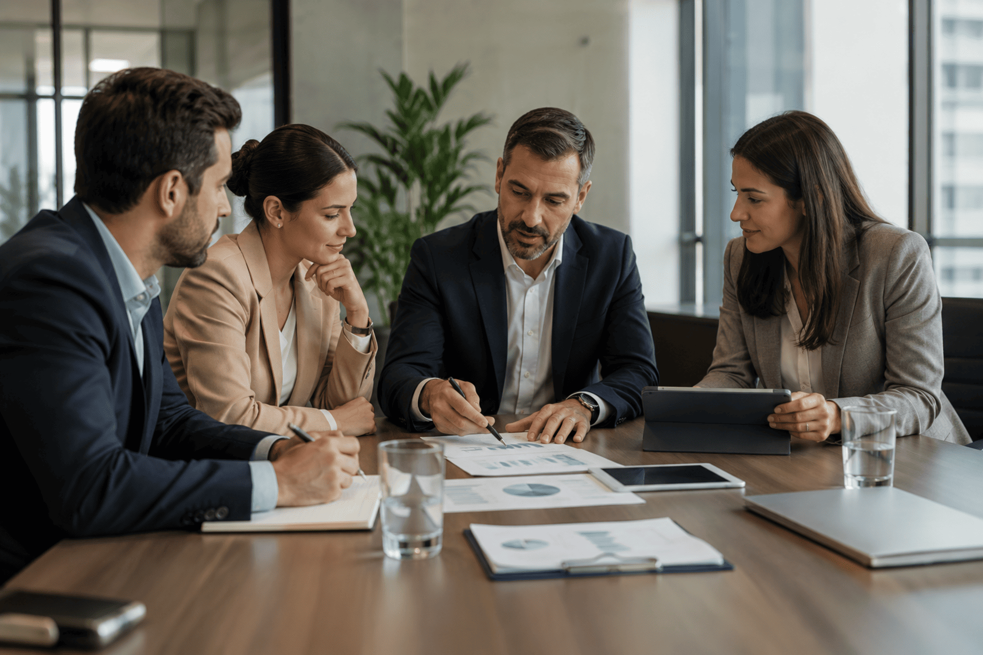 Profissionais reunidos em ambiente corporativo analisando documentos, indicadores e estratégias para governança em RPPS.