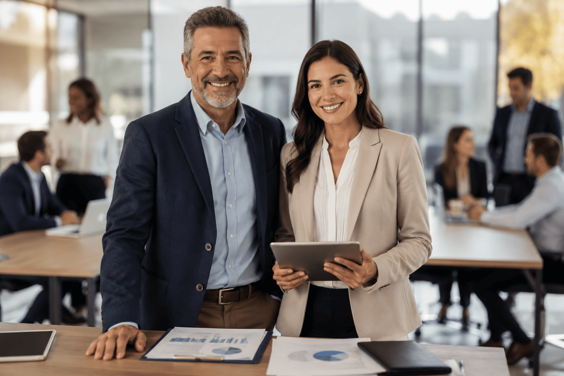 Dois profissionais em ambiente corporativo, com documentos e tablet, representando consultoria, governança e apoio técnico para RPPS.