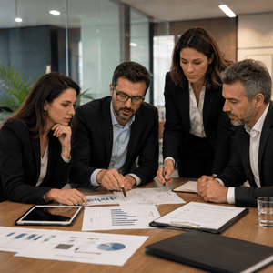 Equipe técnica reunida em mesa de trabalho avaliando gráficos, processos e documentos de governança.