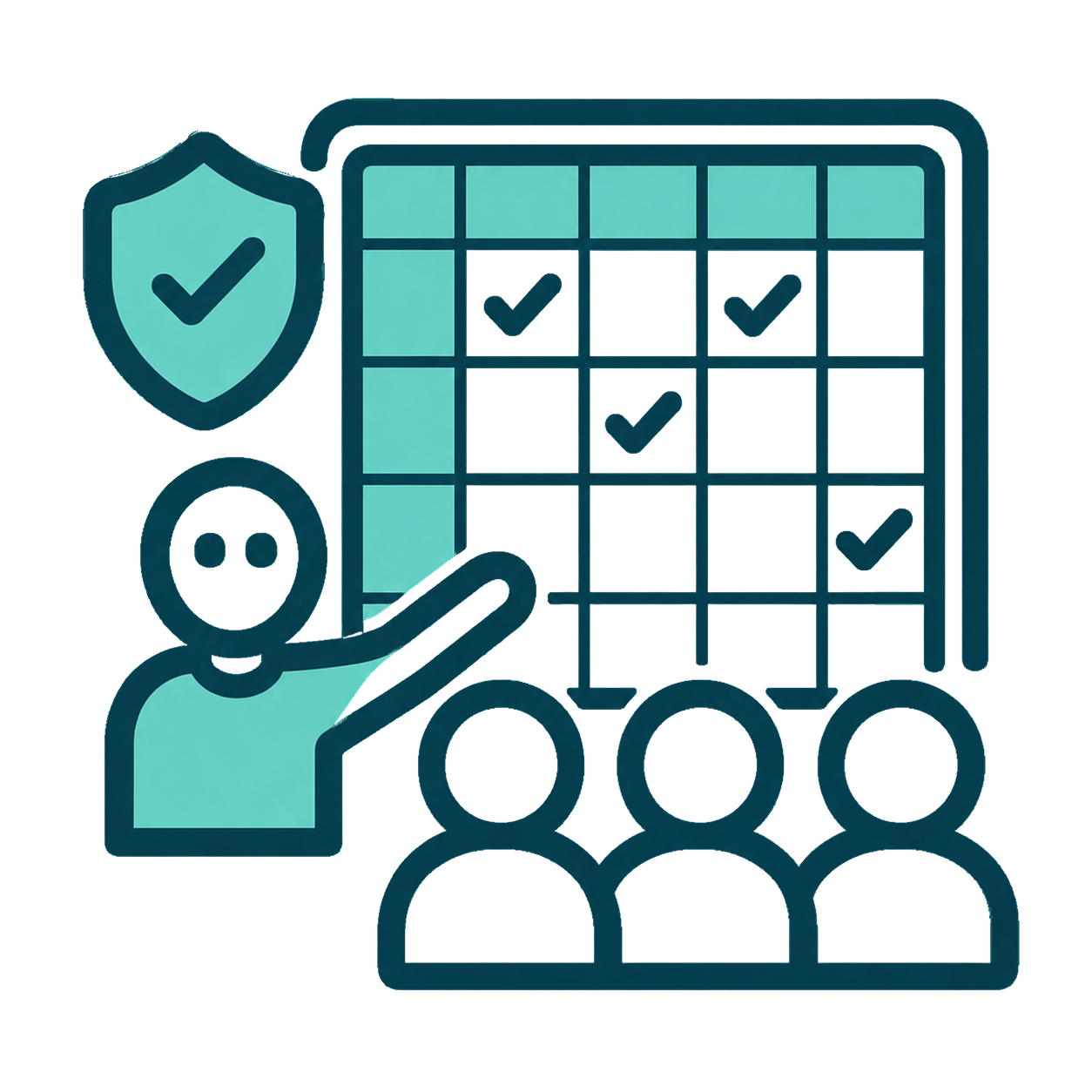 Ícone representando matriz de aderência com quadro de verificação, escudo e equipe.