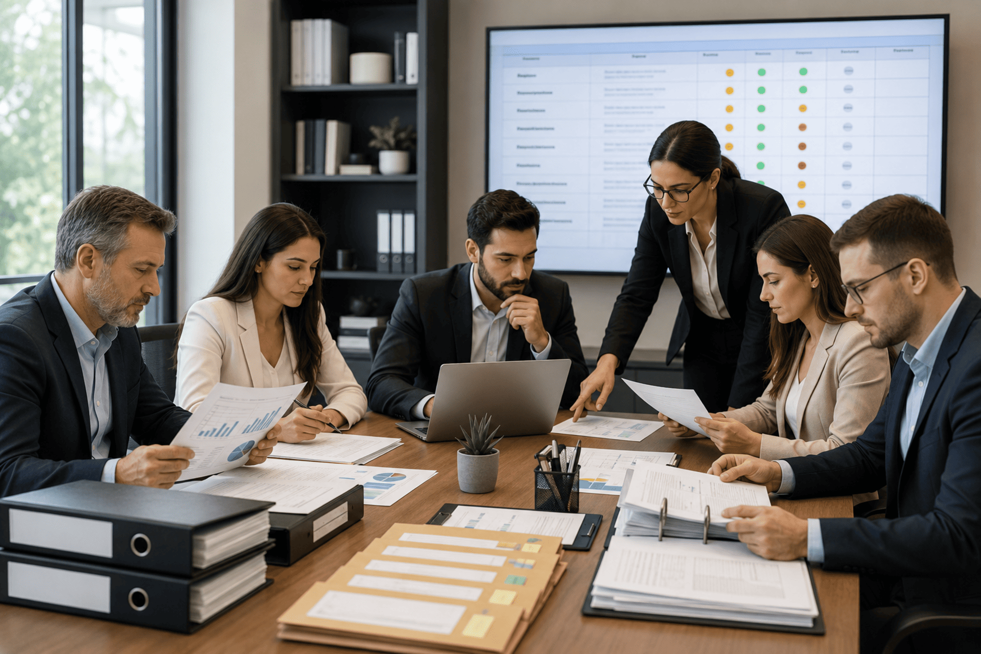 Equipe técnica analisando documentos, relatórios e evidências do Pró-Gestão RPPS em reunião de consultoria.