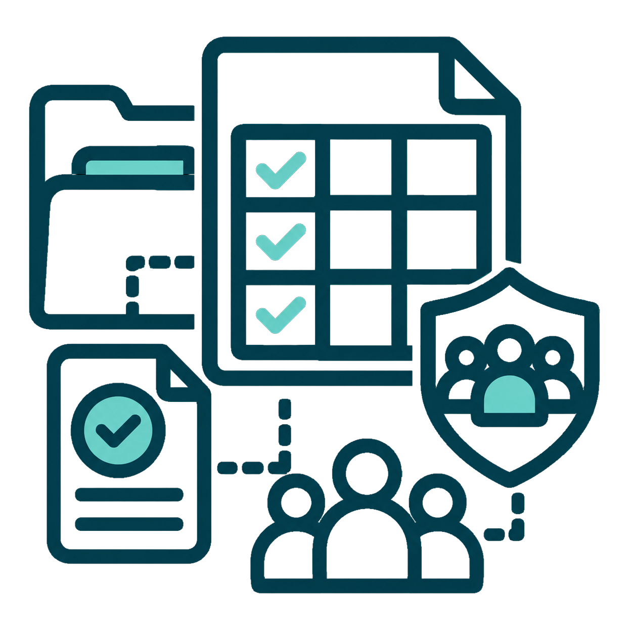 Ícone representando matriz de evidências com documentos, checklist, escudo e equipe.