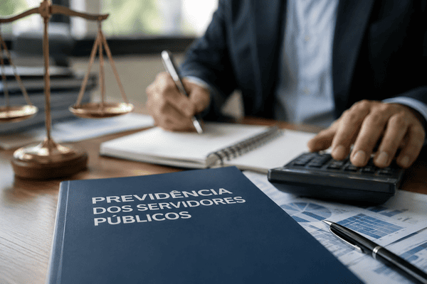 Gestor analisa documentos e indicadores da previdência dos servidores públicos em ambiente corporativo, representando governança, planejamento previdenciário e sustentabilidade dos RPPS.