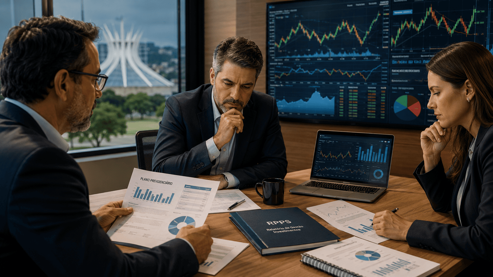 Profissionais analisam relatórios previdenciários e gráficos de mercado para gestão de investimentos de RPPS.