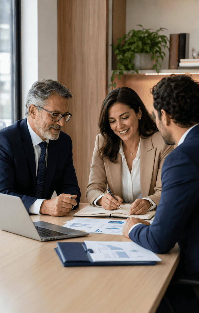 Profissionais em reunião analisando documentos, notebook e gráficos, representando consultoria, capacitação e governança para RPPS.