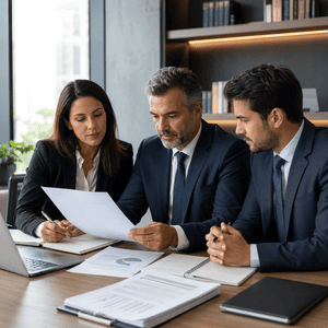 Profissionais analisando documentos técnicos em reunião corporativa sobre gestão e governança em RPPS.