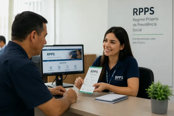 Servidor público recebe orientação previdenciária durante atendimento presencial em uma unidade de RPPS.
