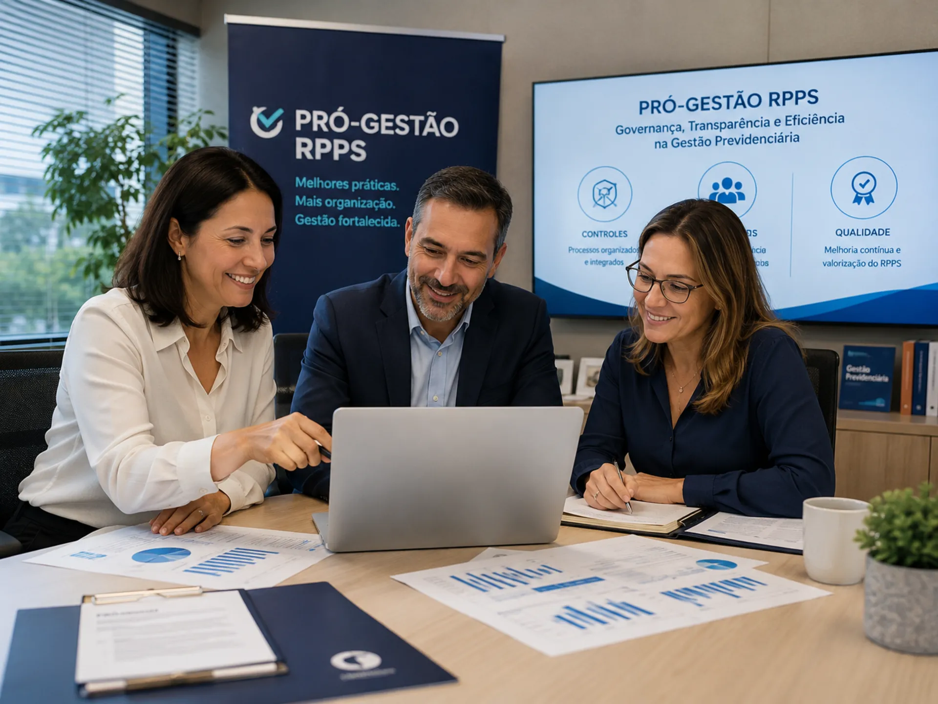 Profissionais analisando processos, indicadores e documentos no apoio ao Pró-Gestão RPPS.