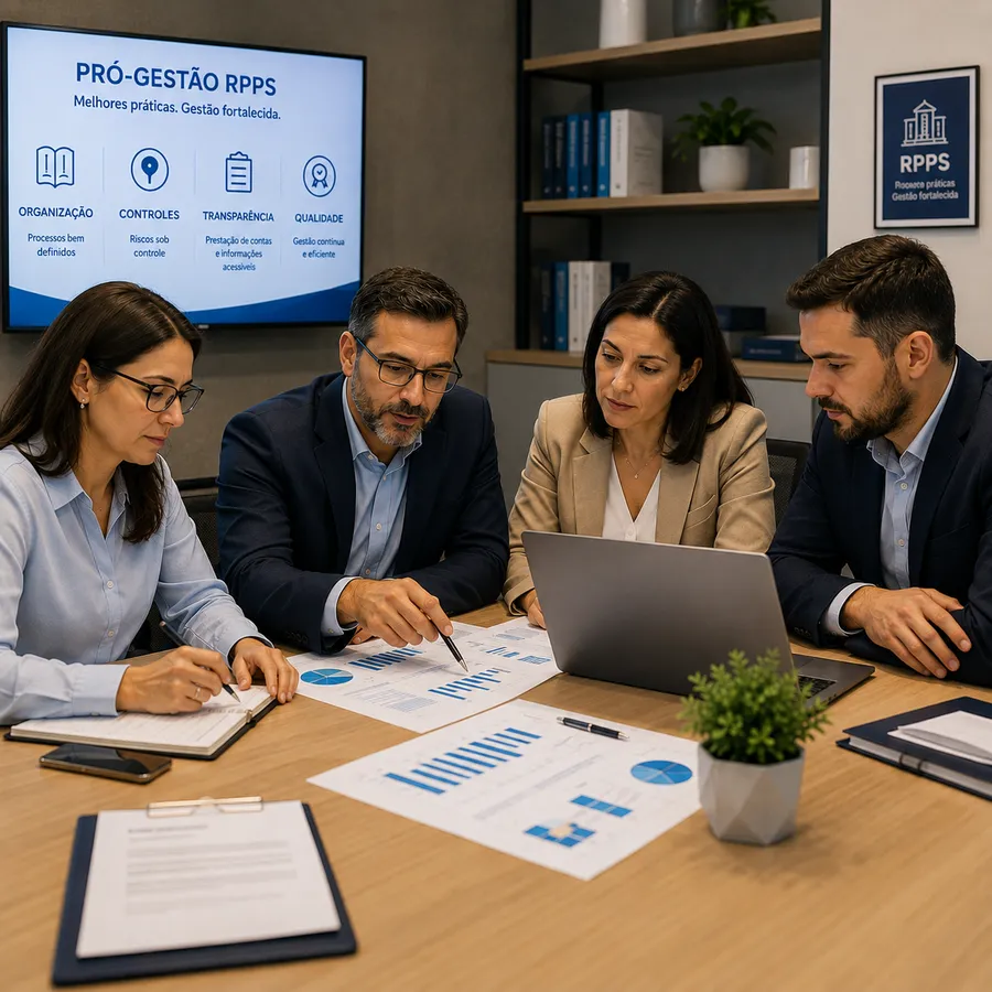 Equipe analisando documentos, indicadores e controles relacionados ao apoio ao Pró-Gestão RPPS.