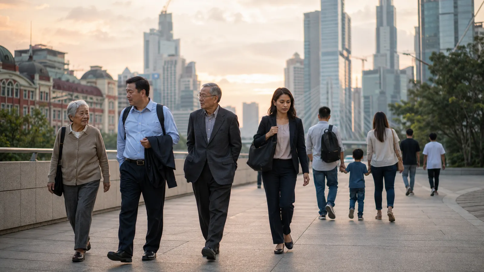 Pessoas idosas, adultos e uma família com criança em ambiente urbano, representando o envelhecimento populacional e a queda da natalidade no Brasil e na Ásia.