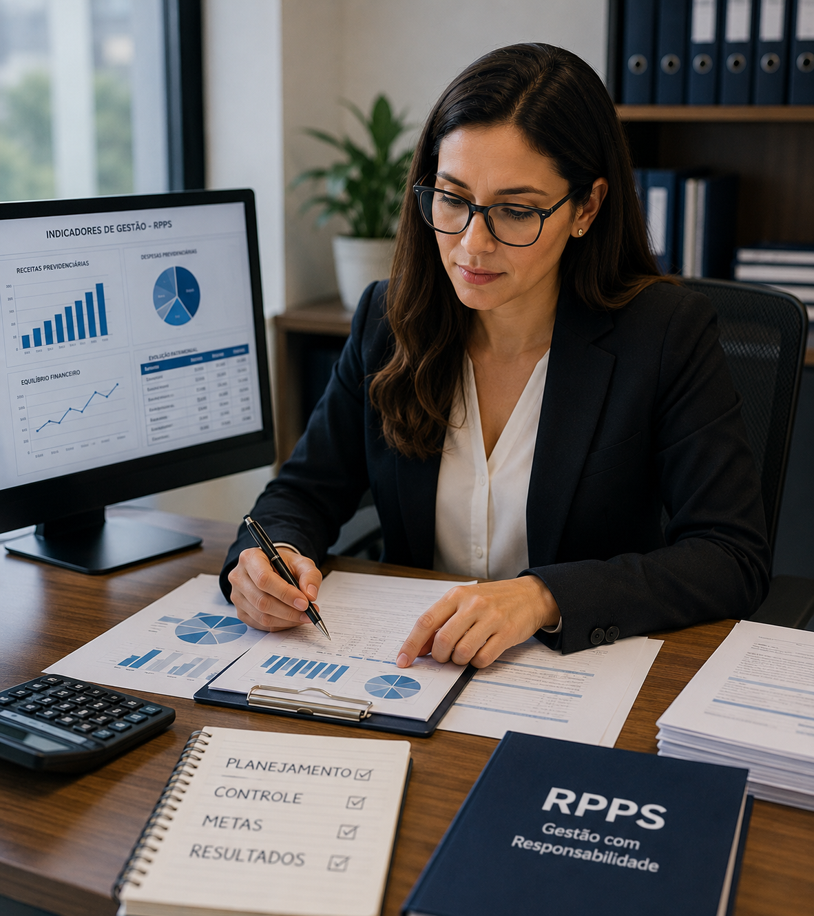 Profissional analisando indicadores, controles e informações para acompanhamento da gestão do RPPS.
