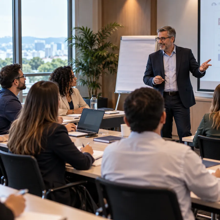 Instrutor conduzindo curso presencial para profissionais de RPPS em ambiente corporativo, com participação ativa dos alunos.