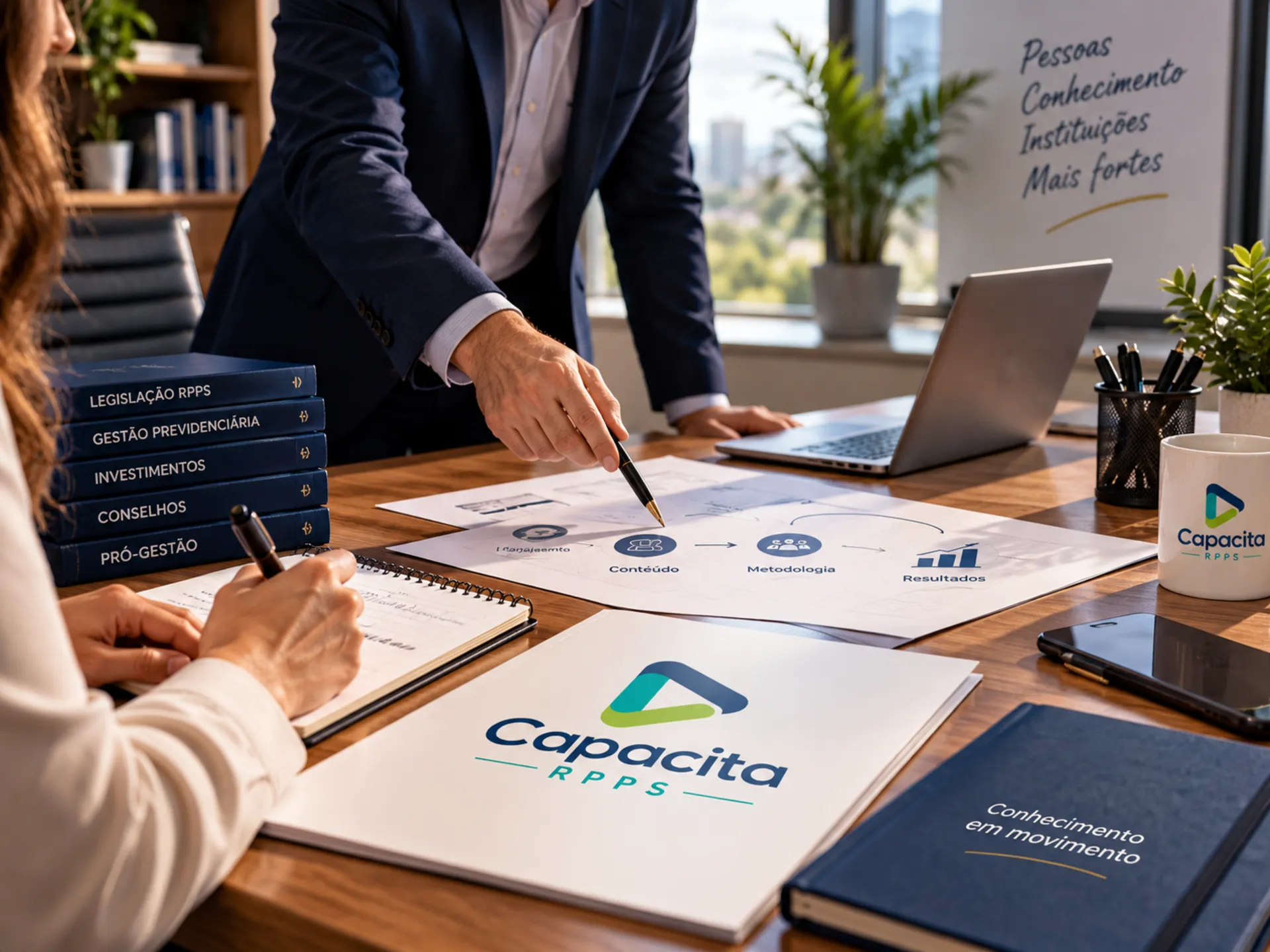 Profissionais reunidos em ambiente corporativo analisando materiais de planejamento e conteúdos de capacitação, com elementos visuais da Capacita RPPS, representando o desenvolvimento de cursos personalizados para Regimes Próprios de Previdência Social.