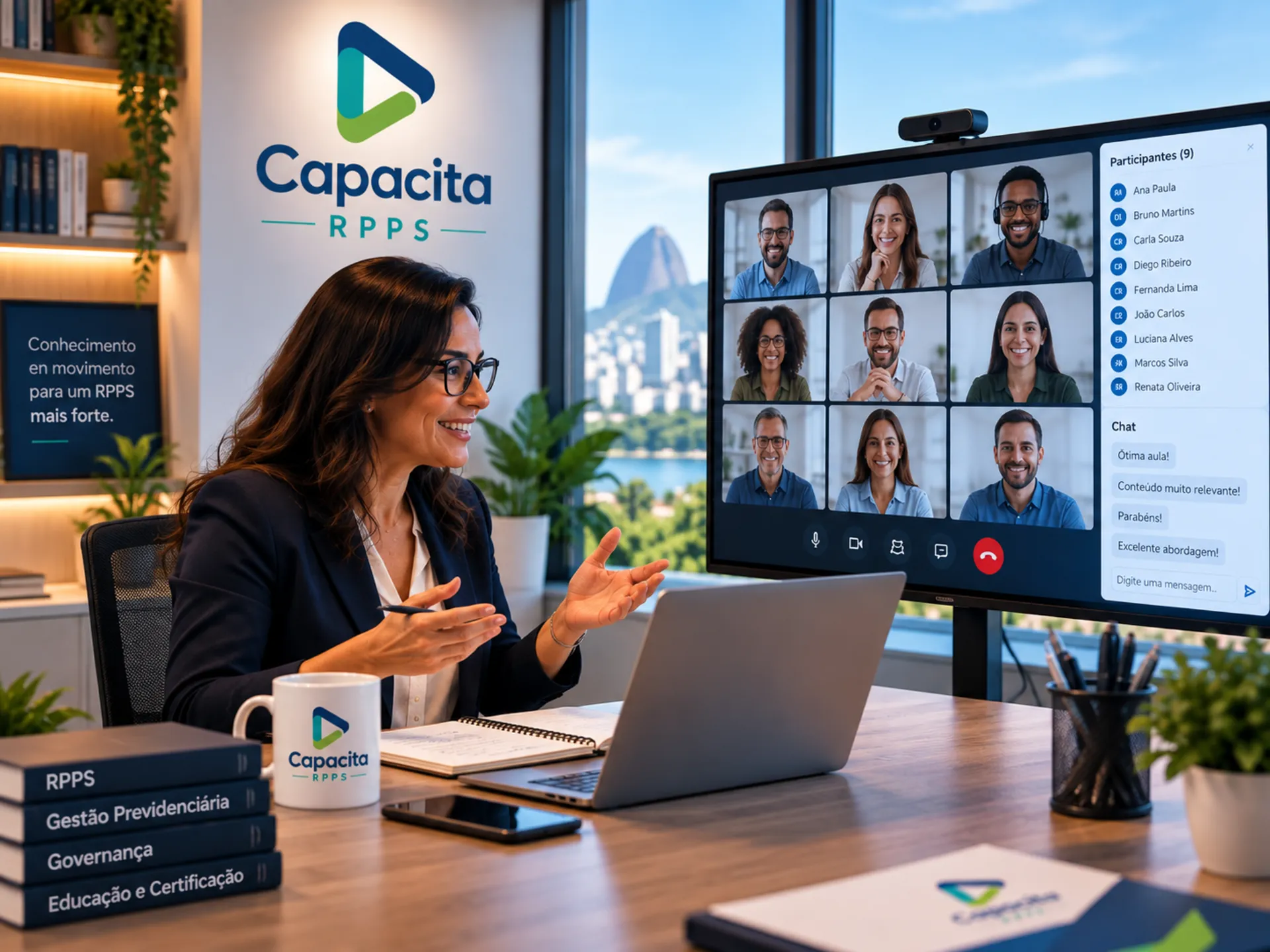 Instrutora da Capacita RPPS conduzindo curso ao vivo por videoconferência com profissionais participando em tempo real.