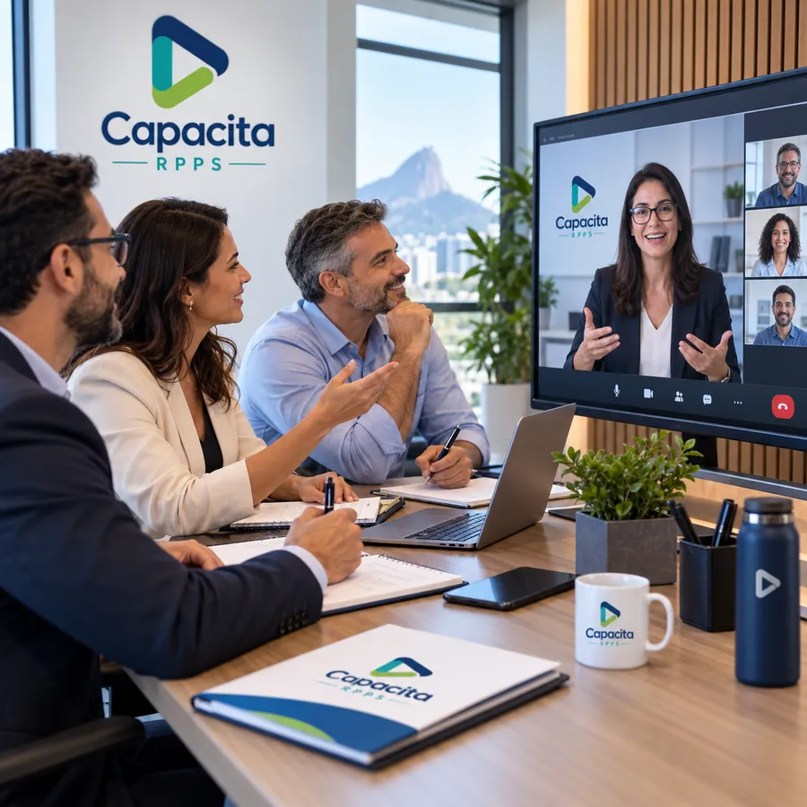 Equipe reunida em ambiente corporativo acompanhando uma capacitação ao vivo por videoconferência com a identidade visual da Capacita RPPS.