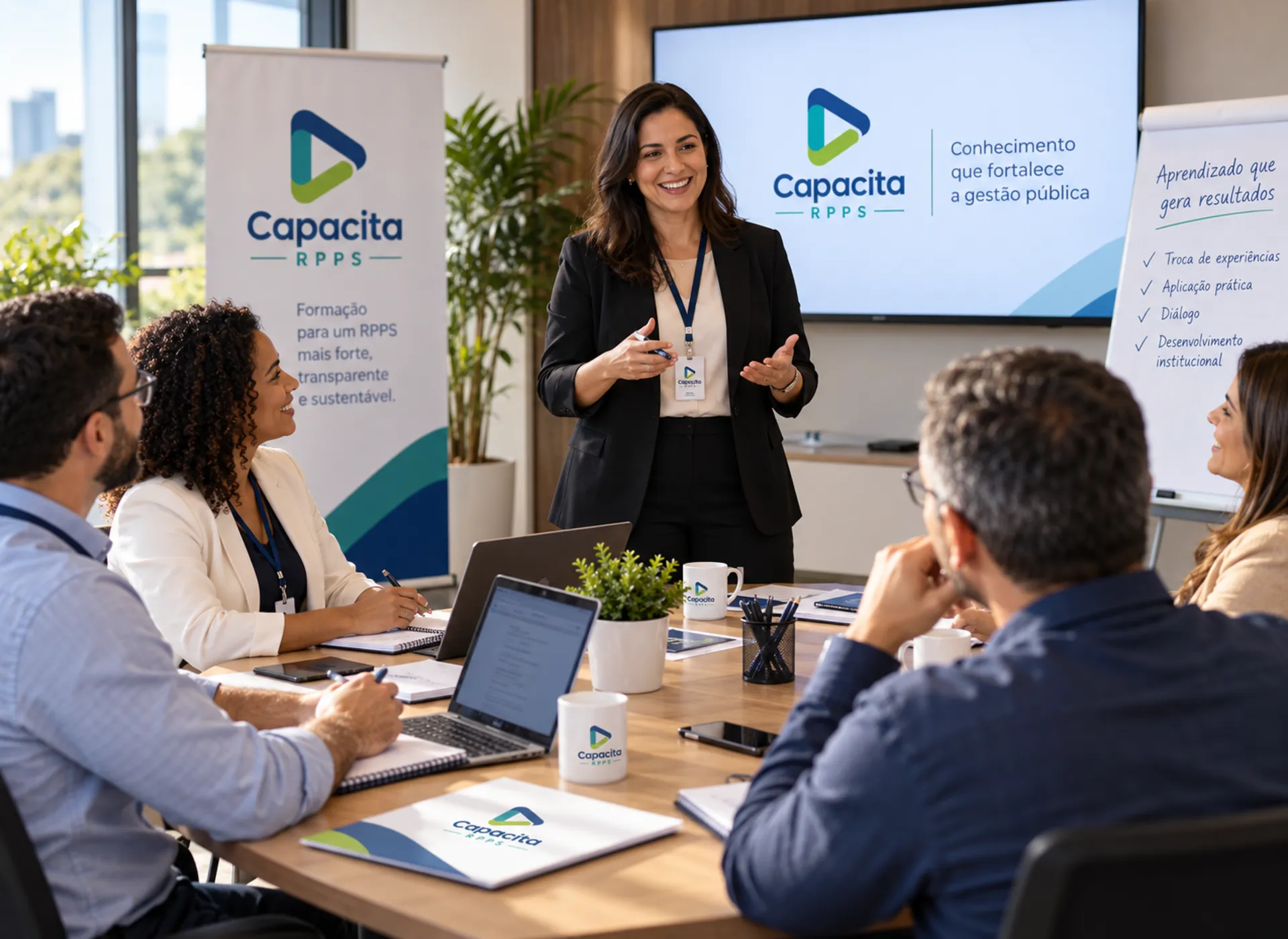Instrutora da Capacita RPPS conduzindo curso presencial com profissionais de RPPS em atividade de capacitação e troca de experiências.