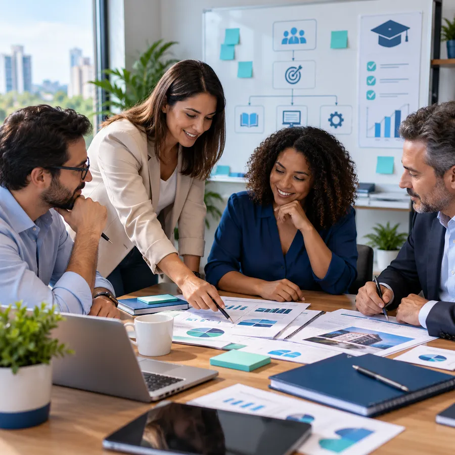 Equipe reunida em ambiente corporativo analisando conteúdos e indicadores para desenvolvimento de cursos sob demanda voltados ao RPPS.