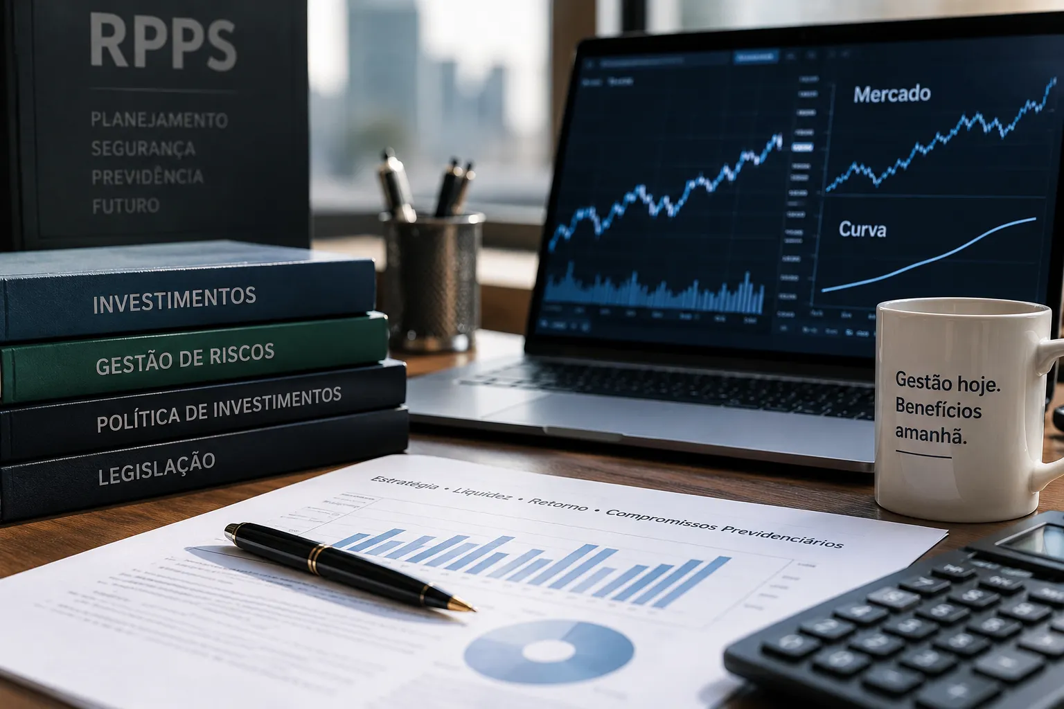 Análise de investimentos de RPPS comparando marcação a mercado e marcação na curva, com gráficos financeiros, documentos e elementos de planejamento previdenciário.
