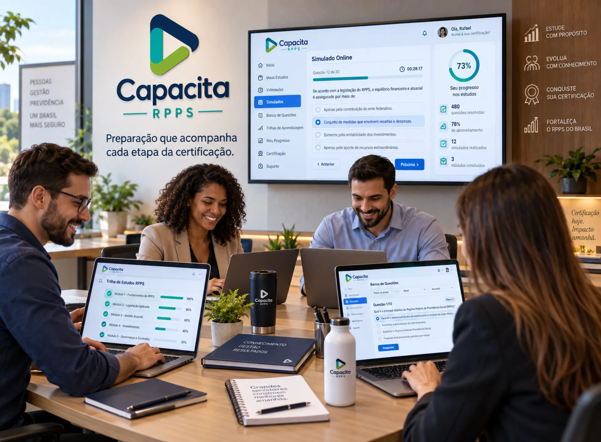 Profissionais estudando para a Certificação Profissional RPPS em ambiente corporativo, utilizando notebooks e simulados online na plataforma da Capacita RPPS.