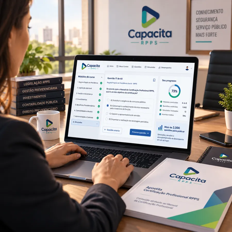 Profissional estudando para a Certificação Profissional RPPS com apostila, banco de questões, simulados online e acompanhamento de desempenho na plataforma da Capacita RPPS.