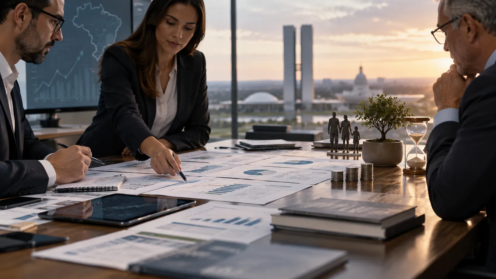 Profissionais analisando projeções atuariais, investimentos e planejamento financeiro de um RPPS com foco na sustentabilidade previdenciária de longo prazo.